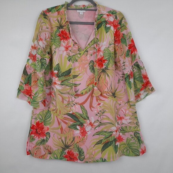 J.Jill Size Petite S Multicolor Tropical Floral Flowy 3/4 Bell Sleeve Tu… - Picture 1 of 10